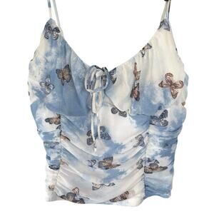 Y2K Style Butterfly Ruched Crop Tank Festival Boho Fairy Gauzy Top Size Large